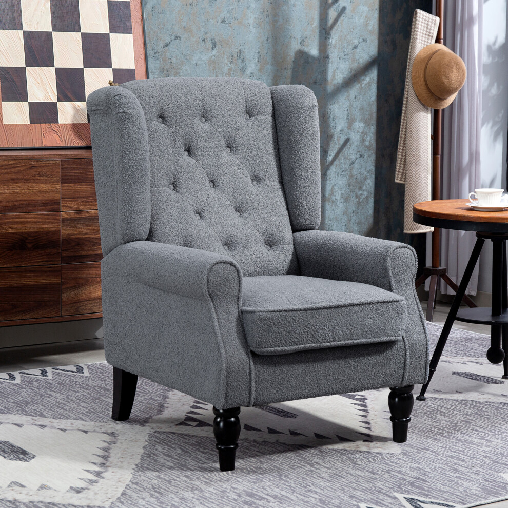 Homcom Retro Tufted Accent Armchair - Grey Teddy Fleece, Wooden Frame, 160Kg Capacity (74W X 86D X 102H Cm) 833-695V73gy