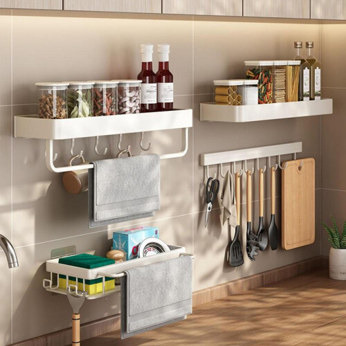 White Kitchen Wall Hook Rack Space Aluminium Durable 6-Hooks 30cm Easy No-Drill Installation Multifunctional Hanging Rail for Utensils and Tool 2