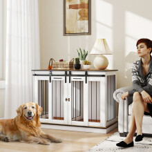 PawHut Dog Crate Furniture for Large Dogs, Double Dog Cage for Small Dogs, White