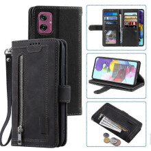 (For Motorola Moto G55, Black) Leather Phone Case with Nine Card Zipper Bag & Lanyard - Stylish & Functional