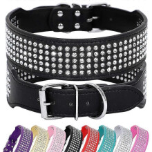 (2XL:Neck 53-60cm, Black) Large Dogs Fashionable Rhinestone Diamante PU Leather Dog Collars 2.0" Wide