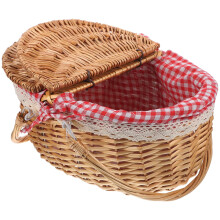 Wicker Picnic Basket with Liner Split Lid Picnic Hamper Hand Woven Flower Basket with Folding Handle for Outdoor Picnic Camping