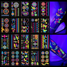 (20 Sheets) 20 Sheets Neon Glow in the Dark Temporary Tattoos - Blacklight Reactive, Vibrant Designs , Fake Tattoos for Women & Men