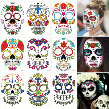 (9pcs) [Halloween Face Tattoos] 9pcs Temporary Face Tattoos Kit | Day of the Dead Sugar Skull, Skeleton & Red Roses Designs for Halloween Makeup