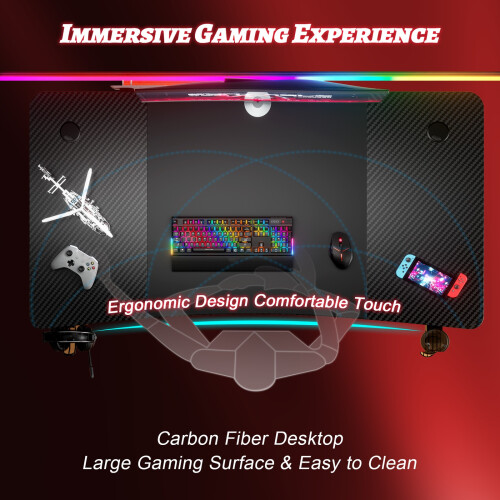 Gaming Desk Computer Gaming Table w/ Mouse Pad Cup Holder & Headphone Hook Black 1