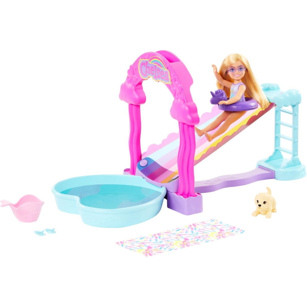 Barbie Chelsea Rainbow Water Slide Playset With Doll Dog & Accessories