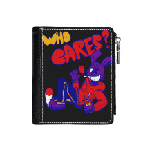 (Who Cares_3383) Men's Women PU Leather Wallets Compact Bifold with Zipper & Multiple Card Coins Slots Black Stylish Durable Graphic Design Print for Girl Boys
