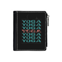 (Yoga_7615) Men's Women PU Leather Wallets Compact Bifold with Zipper & Multiple Card Coins Slots Black Stylish Durable Graphic Design Print for Girl Boys