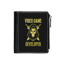 (Video Game Developer_6659) Men's Women PU Leather Wallets Compact Bifold with Zipper & Multiple Card Coins Slots Black Stylish Durable Graphic Design Print for Girl Boys