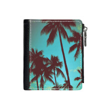 (Vintage Tropical Palms_4555) Men's Women PU Leather Wallets Compact Bifold with Zipper & Multiple Card Coins Slots Black Stylish Durable Graphic Design Print for Girl Boys