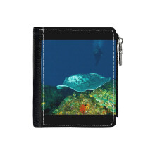 (Stingray With Diver_989) Men's Women PU Leather Wallets Compact Bifold with Zipper & Multiple Card Coins Slots Black Stylish Durable Graphic Design Print for Girl Boys