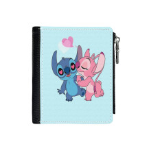 (Stitch Angel_6557) Men's Women PU Leather Wallets Compact Bifold with Zipper & Multiple Card Coins Slots Black Stylish Durable Graphic Design Print for Girl Boys