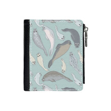 (Seals_4161) Men's Women PU Leather Wallets Compact Bifold with Zipper & Multiple Card Coins Slots Black Stylish Durable Graphic Design Print for Girl Boys