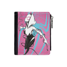 (Spider-Gwen With Pink Background_6133) Men's Women PU Leather Wallets Compact Bifold with Zipper & Multiple Card Coins Slots Black Stylish Durable Graphic Design Print for Girl Boys