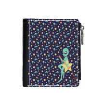 (Retro Guitar Alien - Multi_3355) Men's Women PU Leather Wallets Compact Bifold with Zipper & Multiple Card Coins Slots Black Stylish Durable Graphic Design Print for Girl Boys