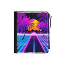 (Retrowave_653) Men's Women PU Leather Wallets Compact Bifold with Zipper & Multiple Card Coins Slots Black Stylish Durable Graphic Design Print for Girl Boys