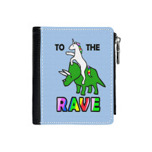 (To The Rave! (Unicorn Riding Triceratops)_1363) Men's Women PU Leather Wallets Compact Bifold with Zipper & Multiple Card Coins Slots Black Stylish Durable Graphic Design Print for Girl Boys