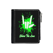(Share Love Cute For Kids And Youth_2857) Men's Women PU Leather Wallets Compact Bifold with Zipper & Multiple Card Coins Slots Black Stylish Durable Graphic Design Print for Girl Boys