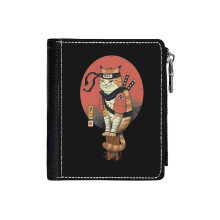 (Shinobi Cat_1797) Men's Women PU Leather Wallets Compact Bifold with Zipper & Multiple Card Coins Slots Black Stylish Durable Graphic Design Print for Girl Boys