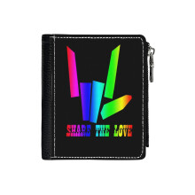 (Share The Love_2603) Men's Women PU Leather Wallets Compact Bifold with Zipper & Multiple Card Coins Slots Black Stylish Durable Graphic Design Print for Girl Boys