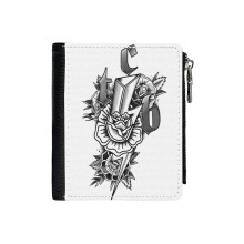 (TCB_3125) Men's Women PU Leather Wallets Compact Bifold with Zipper & Multiple Card Coins Slots Black Stylish Durable Graphic Design Print for Girl Boys
