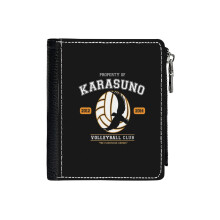 (Team Karasuno_573) Men's Women PU Leather Wallets Compact Bifold with Zipper & Multiple Card Coins Slots Black Stylish Durable Graphic Design Print for Girl Boys