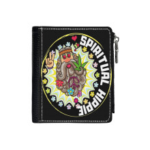 (Spiritual Hippie_2702) Men's Women PU Leather Wallets Compact Bifold with Zipper & Multiple Card Coins Slots Black Stylish Durable Graphic Design Print for Girl Boys