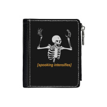 (Spooking Intensifies Spooky Scary Skeleton Meme_1155) Men's Women PU Leather Wallets Compact Bifold with Zipper & Multiple Card Coins Slots Black Stylish Durable Graphic Design Print for Girl Boys