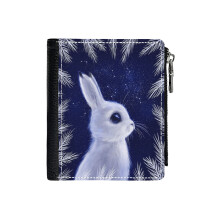(Winter Bunny_1100) Men's Women PU Leather Wallets Compact Bifold with Zipper & Multiple Card Coins Slots Black Stylish Durable Graphic Design Print for Girl Boys