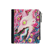 (Glitterwolf Acrylic Painting_1469) Men's Women PU Leather Wallets Compact Bifold with Zipper & Multiple Card Coins Slots Black Stylish Durable Graphic Design Print for Girl Boys