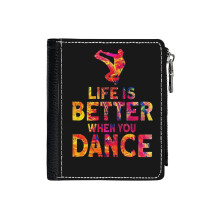 (Life Is Better When You Dance_5243) Men's Women PU Leather Wallets Compact Bifold with Zipper & Multiple Card Coins Slots Black Stylish Durable Graphic Design Print for Girl Boys