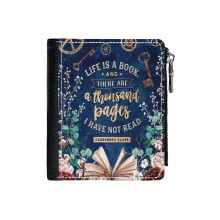 (Life Is A Book_3578) Men's Women PU Leather Wallets Compact Bifold with Zipper & Multiple Card Coins Slots Black Stylish Durable Graphic Design Print for Girl Boys