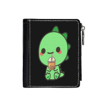 (Dino Boba_6106) Men's Women PU Leather Wallets Compact Bifold with Zipper & Multiple Card Coins Slots Black Stylish Durable Graphic Design Print for Girl Boys