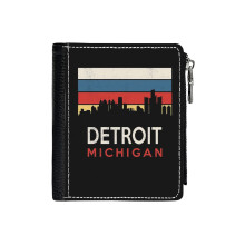 (Detroit Michigan Retro Vintage Souvenir Tourist Souvenir_3036) Men's Women PU Leather Wallets Compact Bifold with Zipper & Multiple Card Coins Slots Black Stylish Durable Graphic Design Print for Girl Boys