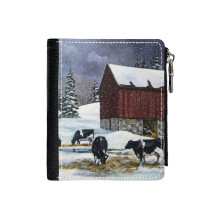 (Cows In Snowy Barnyard, Original Painting, Farm Animals_3384) Men's Women PU Leather Wallets Compact Bifold with Zipper & Multiple Card Coins Slots Black Stylish Durable Graphic Design Print for Girl Boys