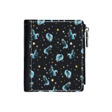 (Cosmic Wolf_3149) Men's Women PU Leather Wallets Compact Bifold with Zipper & Multiple Card Coins Slots Black Stylish Durable Graphic Design Print for Girl Boys