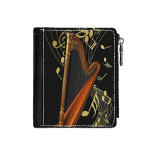 (Harp And Music Note Art_171) Men's Women PU Leather Wallets Compact Bifold with Zipper & Multiple Card Coins Slots Black Stylish Durable Graphic Design Print for Girl Boys