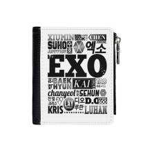 (EXO Font Collage_650) Men's Women PU Leather Wallets Compact Bifold with Zipper & Multiple Card Coins Slots Black Stylish Durable Graphic Design Print for Girl Boys