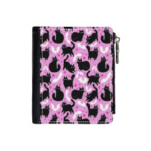 (Black Cats And Bats Pink_5190) Men's Women PU Leather Wallets Compact Bifold with Zipper & Multiple Card Coins Slots Black Stylish Durable Graphic Design Print for Girl Boys