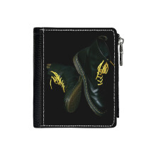 (Black Doc Marten Boots_2895) Men's Women PU Leather Wallets Compact Bifold with Zipper & Multiple Card Coins Slots Black Stylish Durable Graphic Design Print for Girl Boys