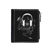 (Headphones And Music Notes White_334) Men's Women PU Leather Wallets Compact Bifold with Zipper & Multiple Card Coins Slots Black Stylish Durable Graphic Design Print for Girl Boys