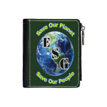 (Environment Social Governance ESG_187) Men's Women PU Leather Wallets Compact Bifold with Zipper & Multiple Card Coins Slots Black Stylish Durable Graphic Design Print for Girl Boys