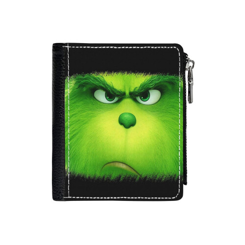 (Grinch Face_717) Men's Women PU Leather Wallets Compact Bifold with Zipper & Multiple Card Coins Slots Black Stylish Durable Graphic Design Print for Girl Boys