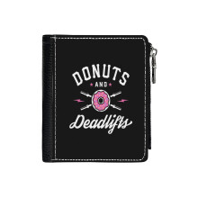 (Donuts And Deadlifts_3009) Men's Women PU Leather Wallets Compact Bifold with Zipper & Multiple Card Coins Slots Black Stylish Durable Graphic Design Print for Girl Boys