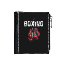 (Boxing_1689) Men's Women PU Leather Wallets Compact Bifold with Zipper & Multiple Card Coins Slots Black Stylish Durable Graphic Design Print for Girl Boys
