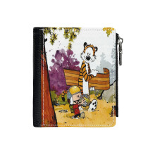 (Calvin And Hobbes_4466) Men's Women PU Leather Wallets Compact Bifold with Zipper & Multiple Card Coins Slots Black Stylish Durable Graphic Design Print for Girl Boys
