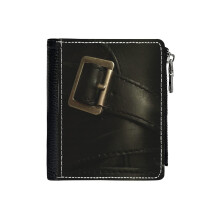 (Buckled _2156) Men's Women PU Leather Wallets Compact Bifold with Zipper & Multiple Card Coins Slots Black Stylish Durable Graphic Design Print for Girl Boys
