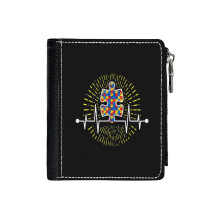 (Autism Puzzle Heartbeat Tshirt Awareness_5395) Men's Women PU Leather Wallets Compact Bifold with Zipper & Multiple Card Coins Slots Black Stylish Durable Graphic Design Print for Girl Boys