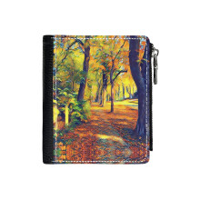 (Autumn_932) Men's Women PU Leather Wallets Compact Bifold with Zipper & Multiple Card Coins Slots Black Stylish Durable Graphic Design Print for Girl Boys