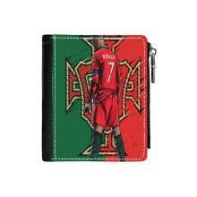 (CR7 Portugal _5880) Men's Women PU Leather Wallets Compact Bifold with Zipper & Multiple Card Coins Slots Black Stylish Durable Graphic Design Print for Girl Boys